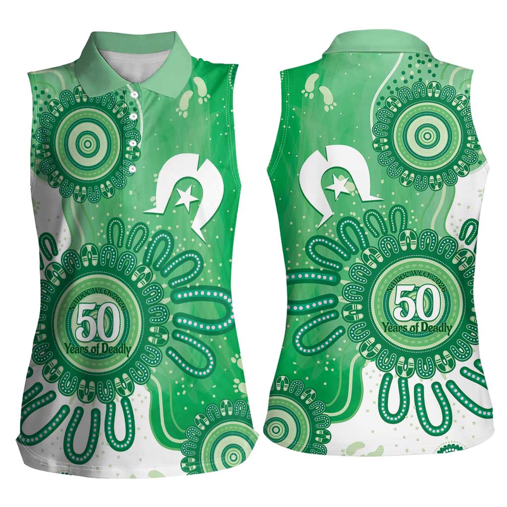 NAIDOC Week 2026 Women Sleeveless Polo Shirt 50 Years Deadly Dhari Green Aboriginal Art