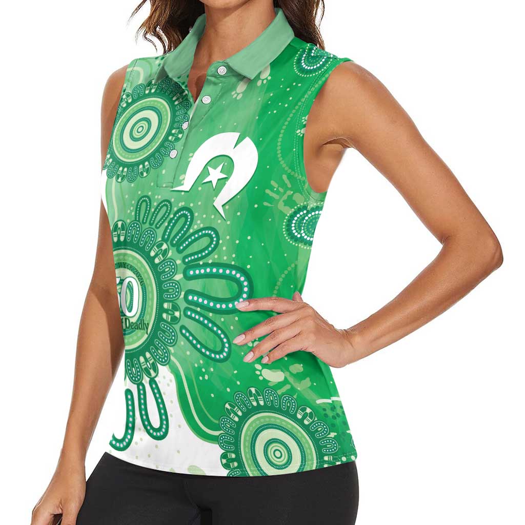 NAIDOC Week 2026 Women Sleeveless Polo Shirt 50 Years Deadly Dhari Green Aboriginal Art
