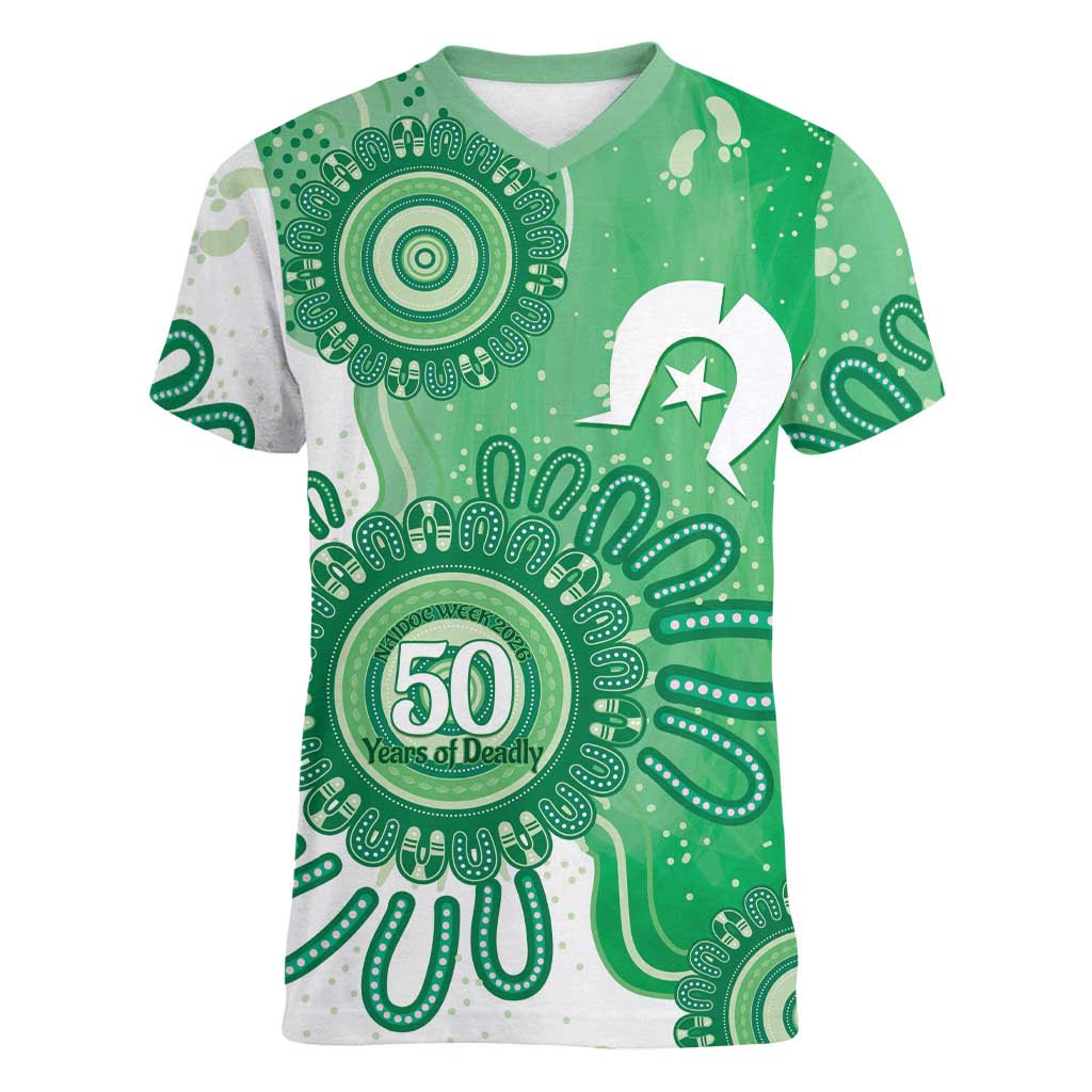 NAIDOC Week 2026 Women V-Neck T-Shirt 50 Years Deadly Dhari Green Aboriginal Art
