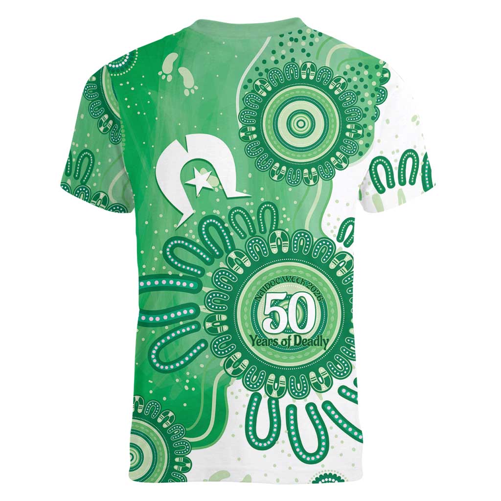NAIDOC Week 2026 Women V-Neck T-Shirt 50 Years Deadly Dhari Green Aboriginal Art