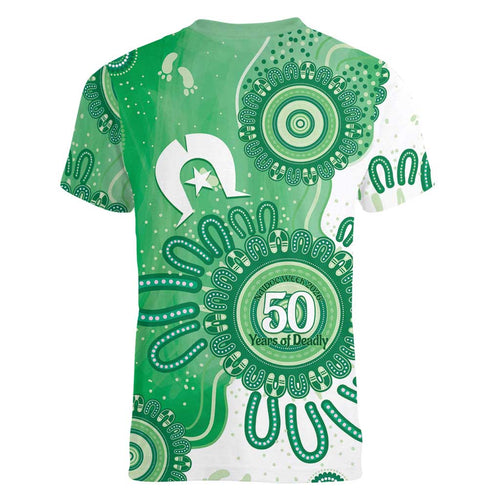NAIDOC Week 2026 Women V-Neck T-Shirt 50 Years Deadly Dhari Green Aboriginal Art