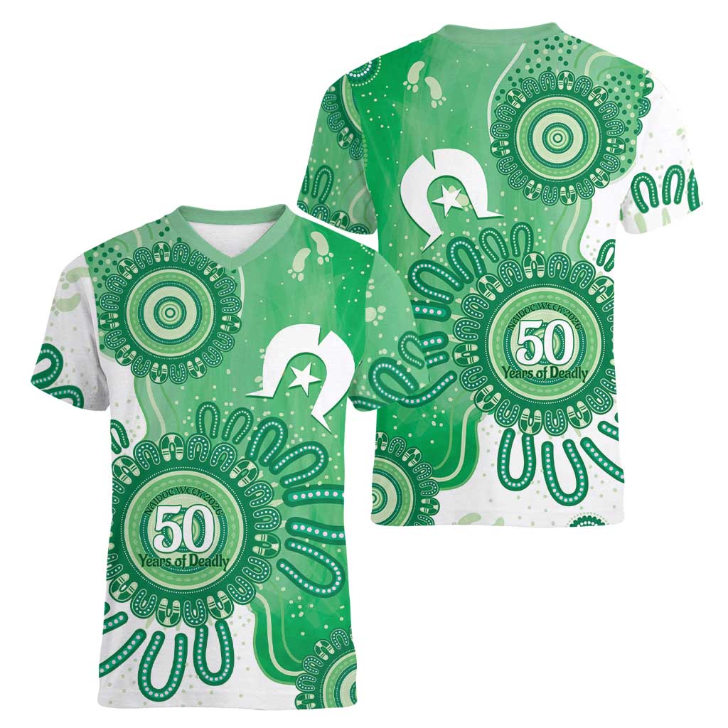 NAIDOC Week 2026 Women V-Neck T-Shirt 50 Years Deadly Dhari Green Aboriginal Art