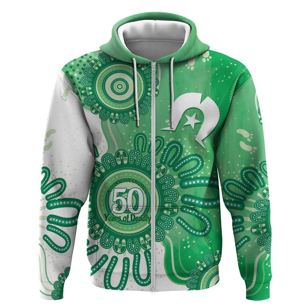 NAIDOC Week 2026 Zip Hoodie 50 Years Deadly Dhari Green Aboriginal Art