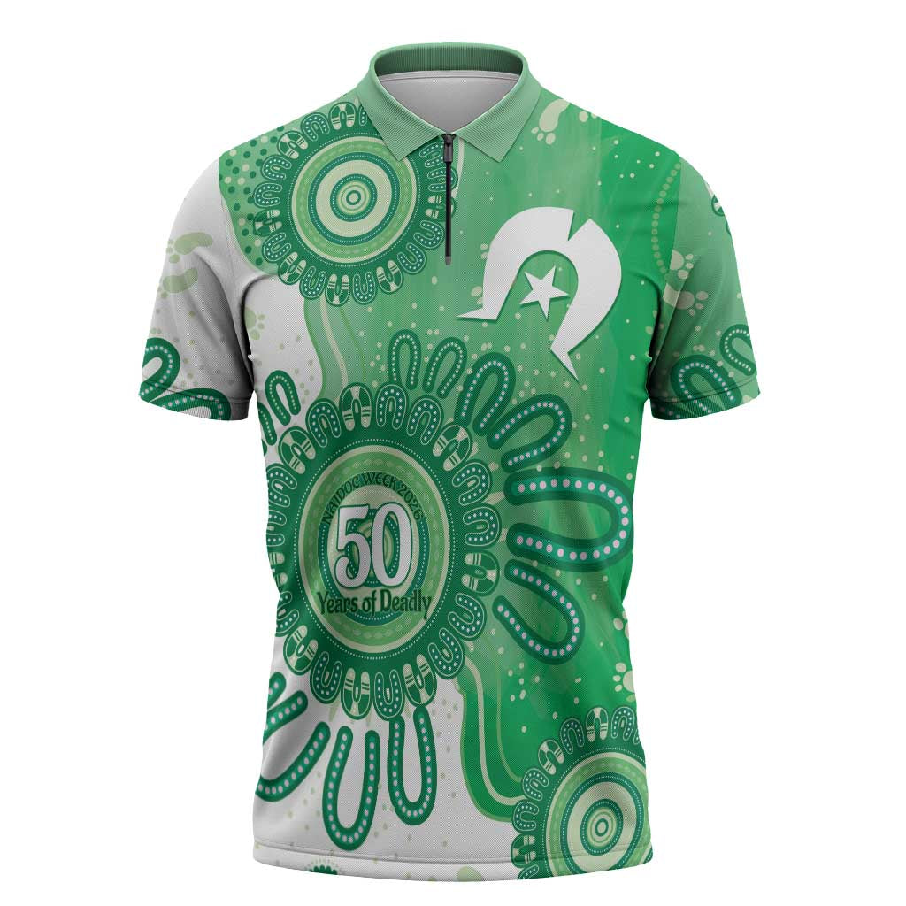 NAIDOC Week 2026 Zipper Polo Shirt 50 Years Deadly Dhari Green Aboriginal Art
