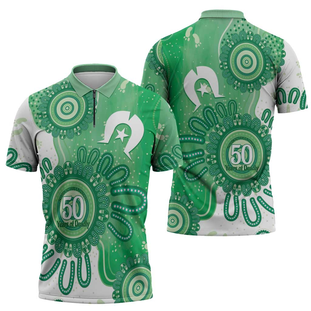 NAIDOC Week 2026 Zipper Polo Shirt 50 Years Deadly Dhari Green Aboriginal Art