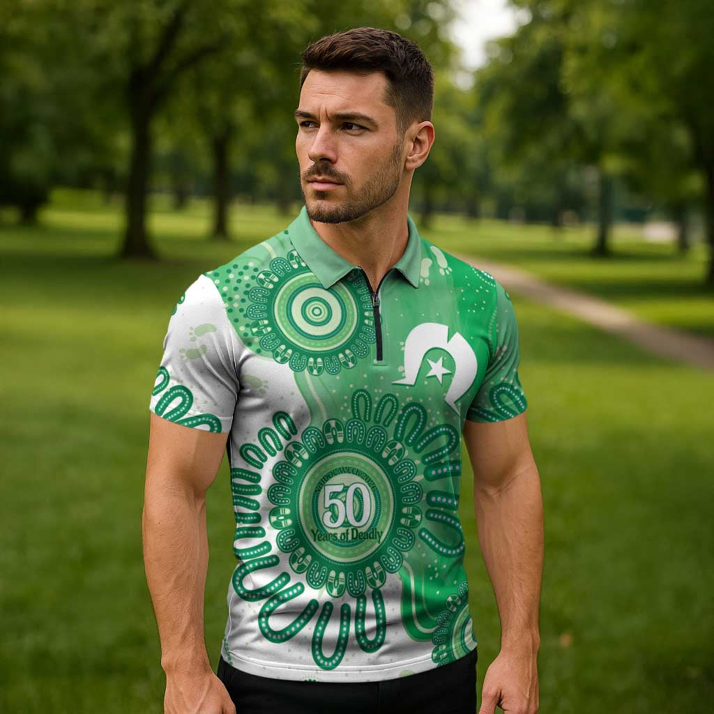 NAIDOC Week 2026 Zipper Polo Shirt 50 Years Deadly Dhari Green Aboriginal Art