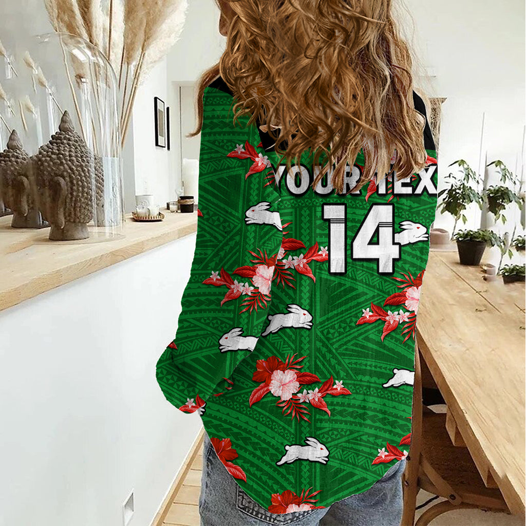 (Custom Text And Number) Rabbitohs Rugby Women Casual Shirt Polynesian Tribal Mix Tropical Hawaiian Style LT14