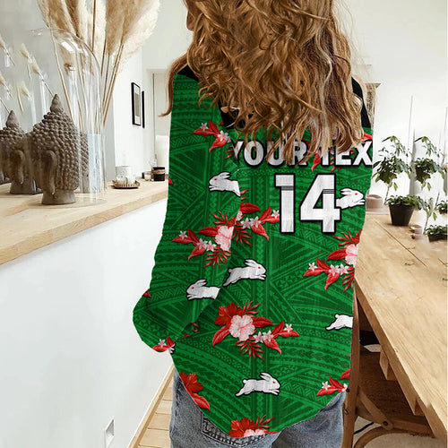 (Custom Text And Number) Rabbitohs Rugby Women Casual Shirt Polynesian Tribal Mix Tropical Hawaiian Style LT14