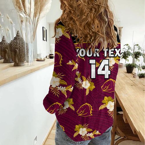 (Custom Text And Number) Broncos Rugby Women Casual Shirt Polynesian Tribal Mix Tropical Hawaiian Style LT14