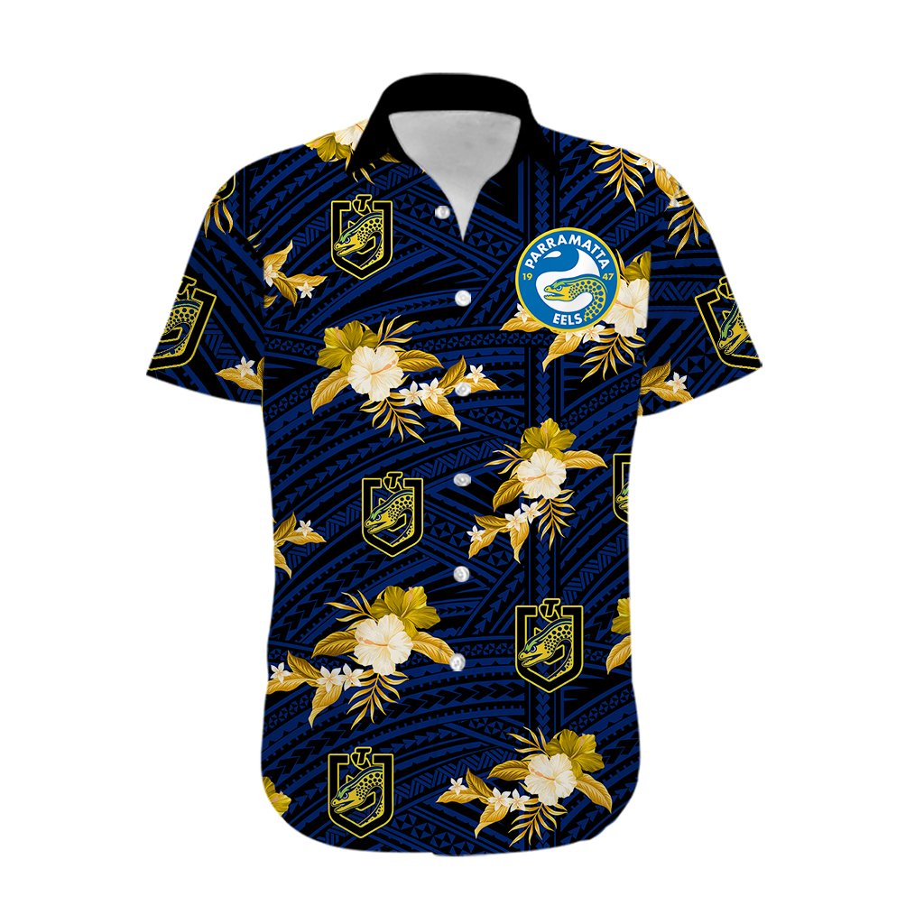 custom-text-and-number-parramatta-eels-rugby-hawaiian-shirt-polynesian-tribal-mix-tropical-hawaiian-style