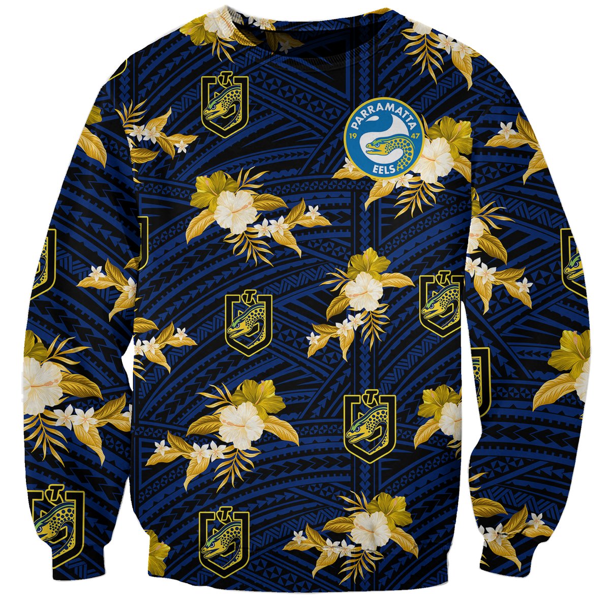 custom-text-and-number-parramatta-eels-rugby-sweatshirt-polynesian-tribal-mix-tropical-hawaiian-style