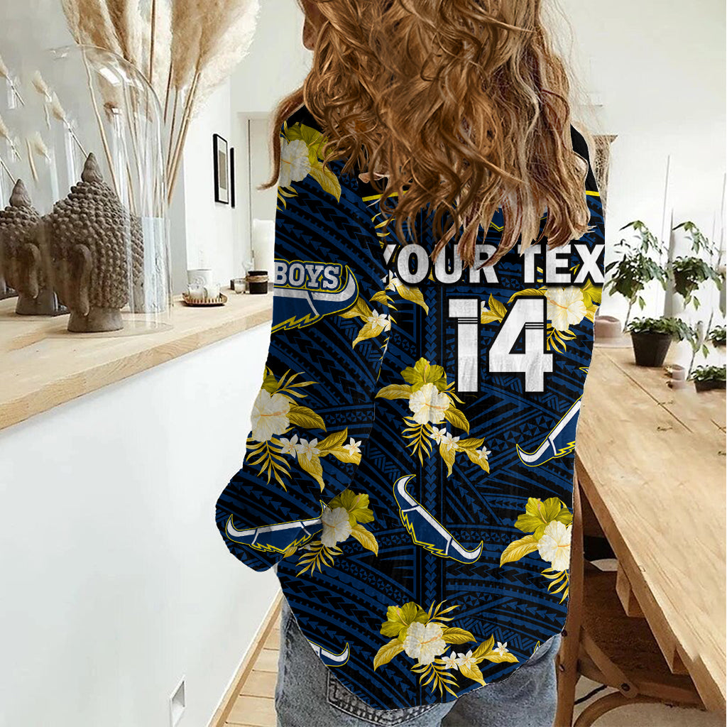 (Custom Text And Number) Cowboys Rugby Women Casual Shirt Polynesian Tribal Mix Tropical Hawaiian Blue Style LT14