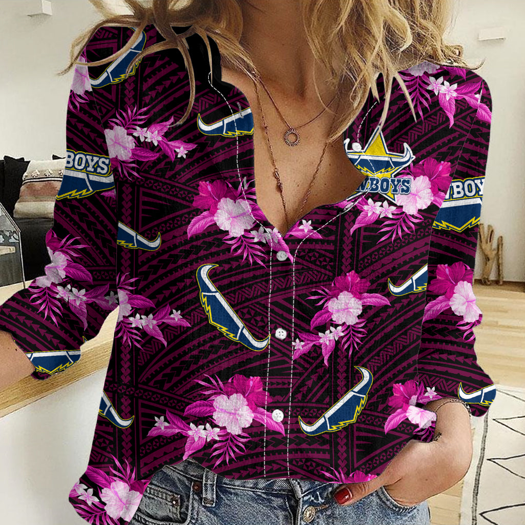 (Custom Text And Number) Cowboys Rugby Women Casual Shirt Polynesian Tribal Mix Tropical Hawaiian Pink Style LT14