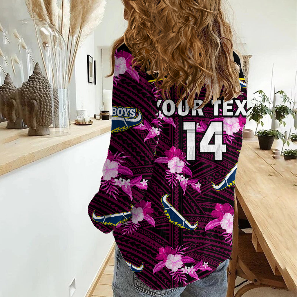 (Custom Text And Number) Cowboys Rugby Women Casual Shirt Polynesian Tribal Mix Tropical Hawaiian Pink Style LT14