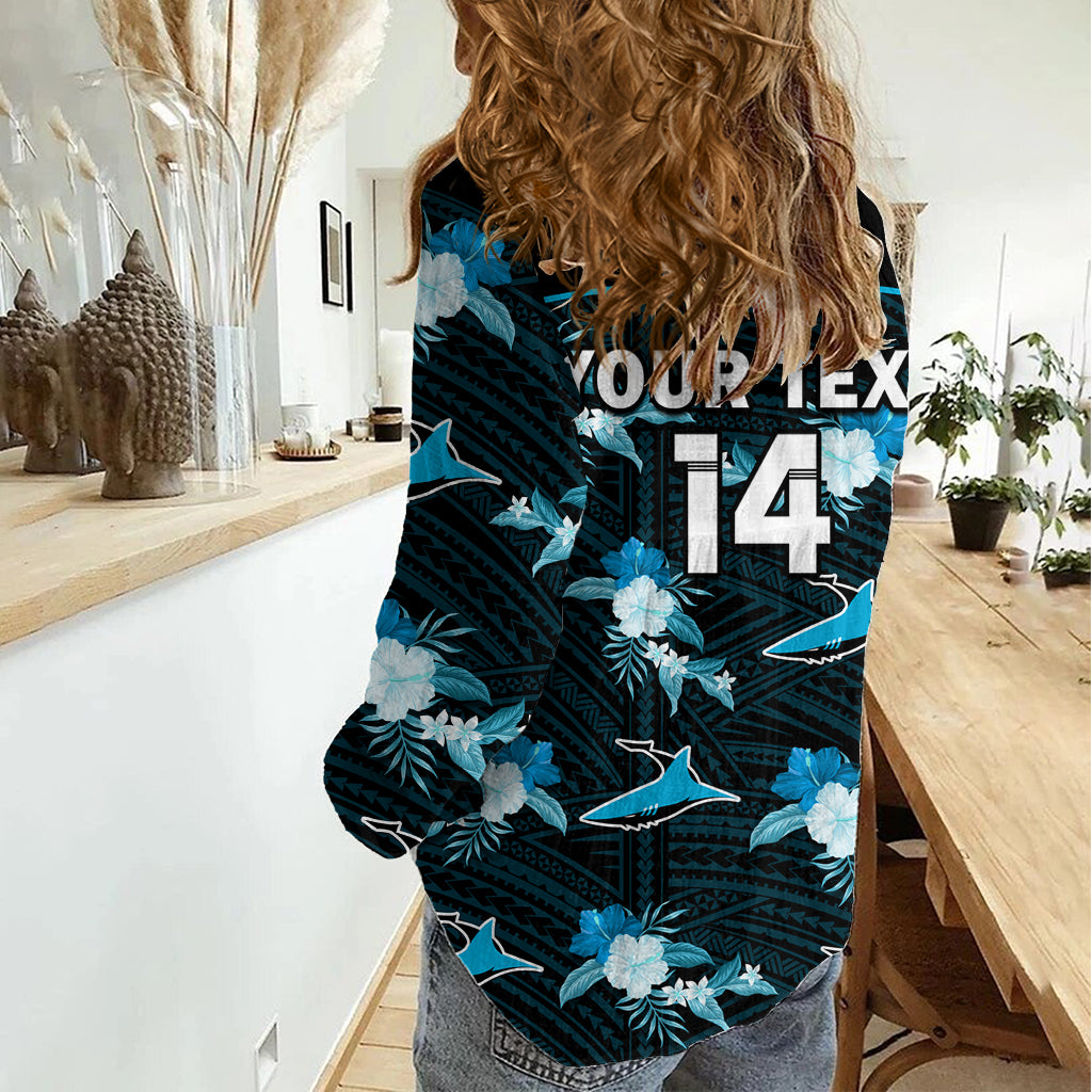 (Custom Text And Number) Sharks Rugby Women Casual Shirt Polynesian Tribal Mix Tropical Hawaiian Style LT14