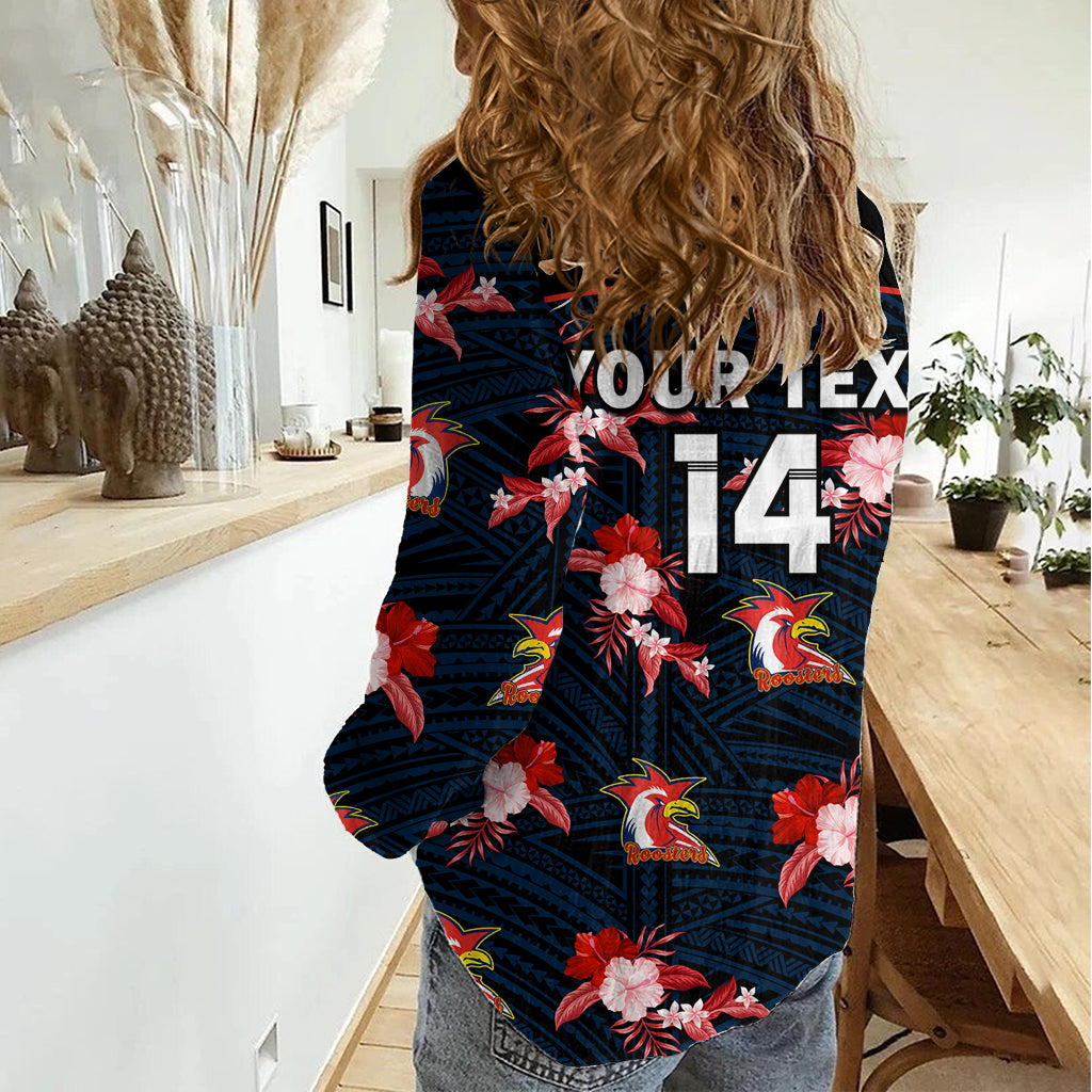 (Custom Text And Number) Roosters Rugby Women Casual Shirt Polynesian Tribal Mix Tropical Hawaiian Style LT14