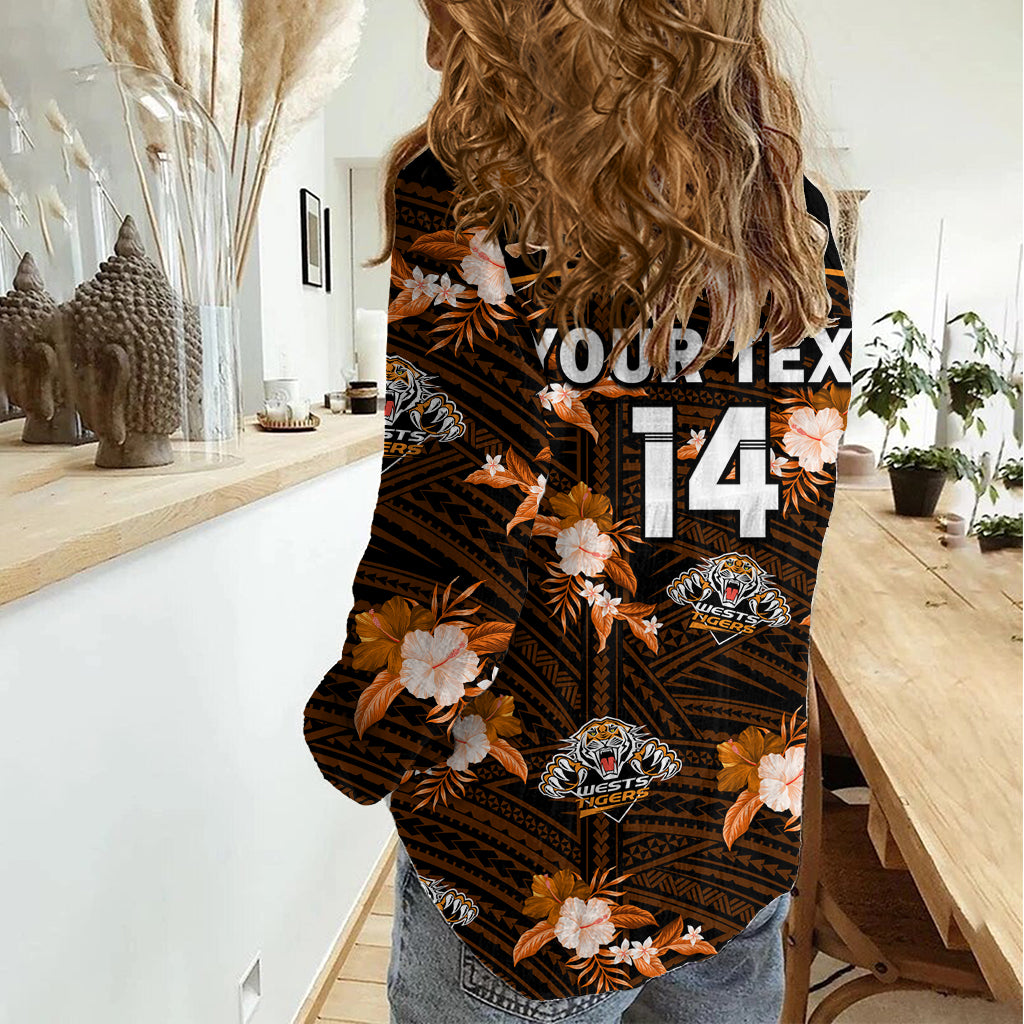 (Custom Text And Number) Wests Tigers Rugby Women Casual Shirt Polynesian Tribal Mix Tropical Hawaiian Style LT14