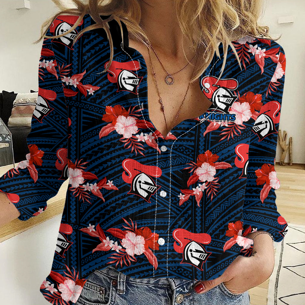 (Custom Text And Number) Newcastle Knights Rugby Women Casual Shirt Polynesian Tribal Mix Tropical Hawaiian Style LT14