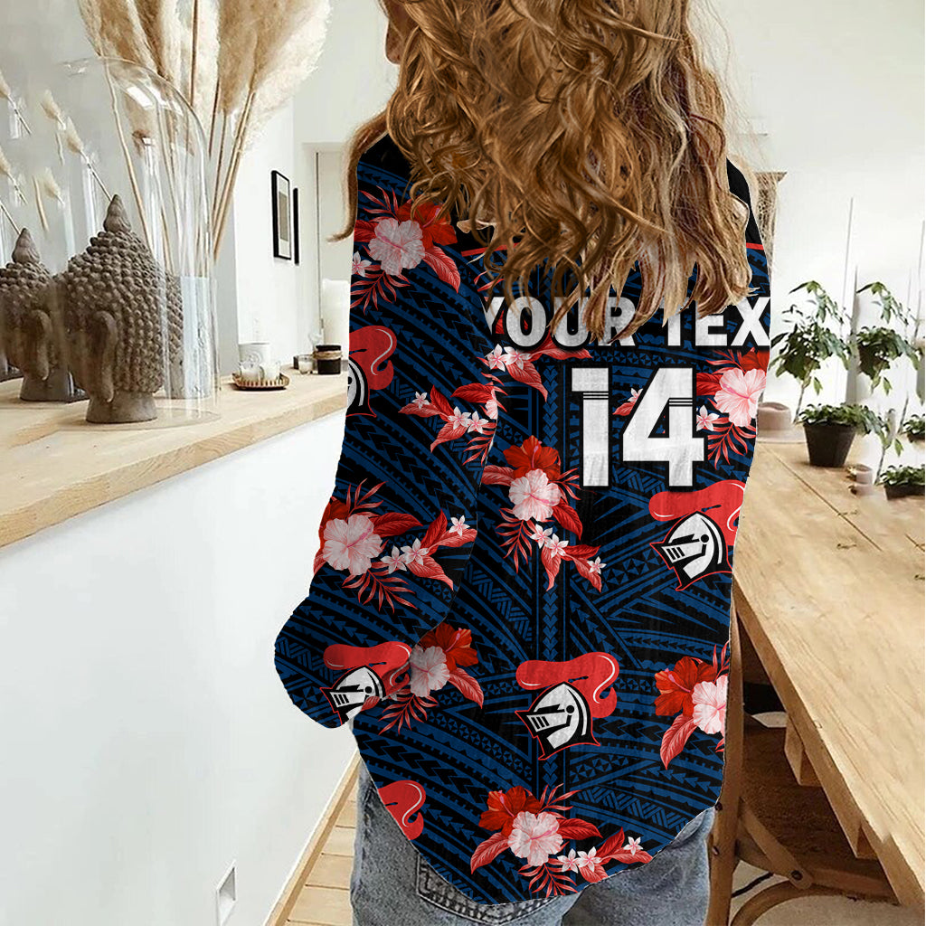 (Custom Text And Number) Newcastle Knights Rugby Women Casual Shirt Polynesian Tribal Mix Tropical Hawaiian Style LT14