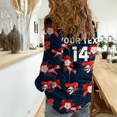 (Custom Text And Number) Newcastle Knights Rugby Women Casual Shirt Polynesian Tribal Mix Tropical Hawaiian Style LT14