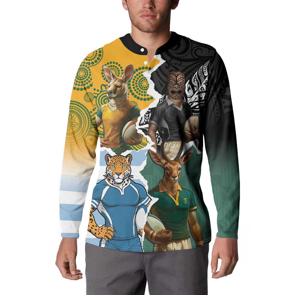 Personalised Rugby 2025 Championship Button Sweatshirt Southern Hemisphere Countries Mascots - Aussie Hoodie