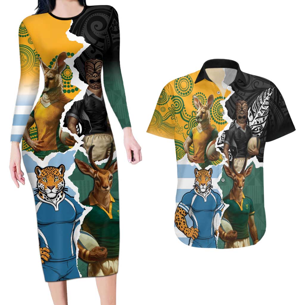 Personalised Rugby 2025 Championship Couples Matching Long Sleeve Bodycon Dress and Hawaiian Shirt Southern Hemisphere Countries Mascots - Aussie Hoodie