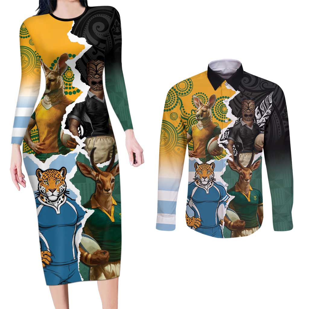 Personalised Rugby 2025 Championship Couples Matching Long Sleeve Bodycon Dress and Long Sleeve Button Shirt Southern Hemisphere Countries Mascots - Aussie Hoodie