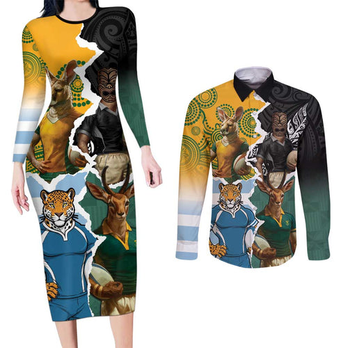 Personalised Rugby 2025 Championship Couples Matching Long Sleeve Bodycon Dress and Long Sleeve Button Shirt Southern Hemisphere Countries Mascots - Aussie Hoodie