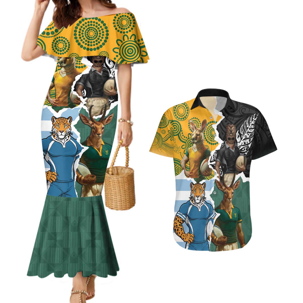 Personalised Rugby 2025 Championship Couples Matching Mermaid Dress and Hawaiian Shirt Southern Hemisphere Countries Mascots - Aussie Hoodie