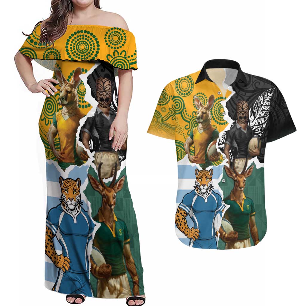 Personalised Rugby 2025 Championship Couples Matching Off Shoulder Maxi Dress and Hawaiian Shirt Southern Hemisphere Countries Mascots - Aussie Hoodie
