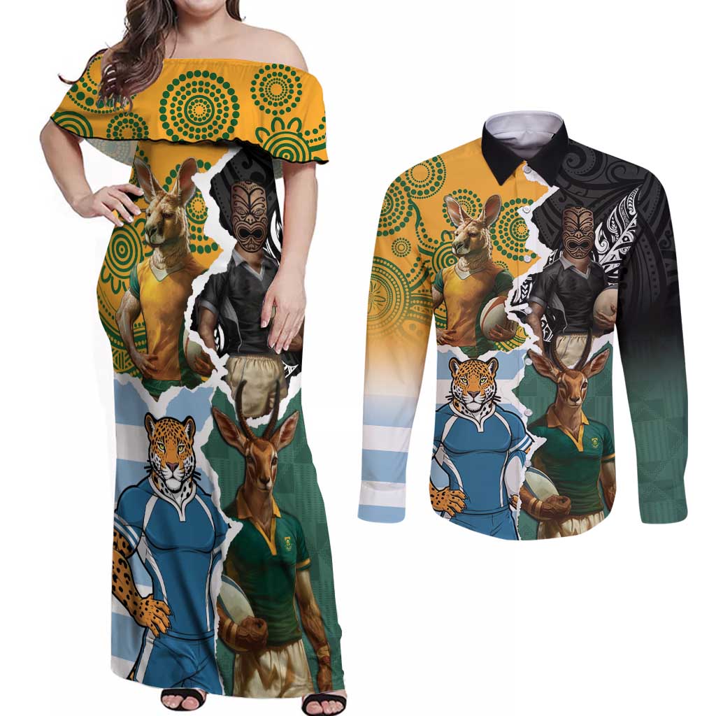 Personalised Rugby 2025 Championship Couples Matching Off Shoulder Maxi Dress and Long Sleeve Button Shirt Southern Hemisphere Countries Mascots - Aussie Hoodie