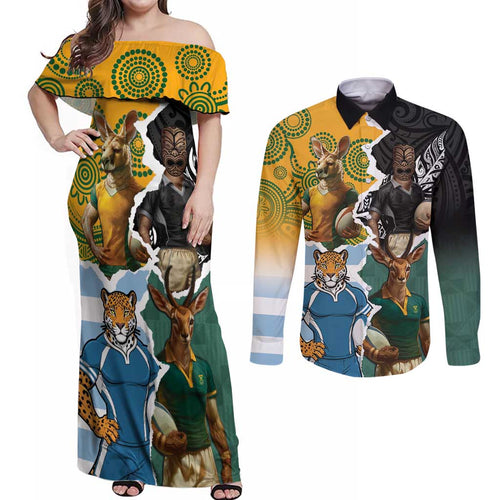 Personalised Rugby 2025 Championship Couples Matching Off Shoulder Maxi Dress and Long Sleeve Button Shirt Southern Hemisphere Countries Mascots - Aussie Hoodie