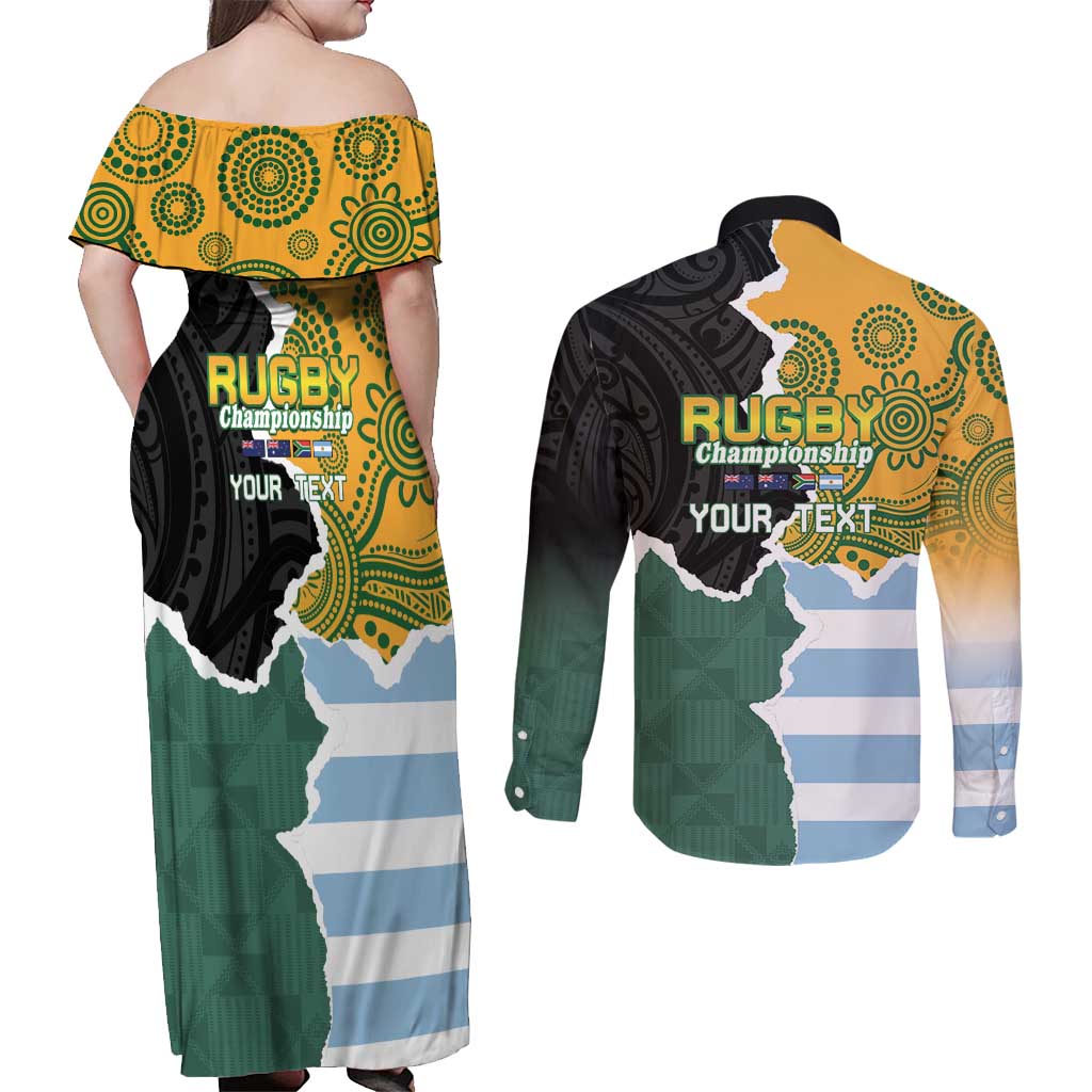Personalised Rugby 2025 Championship Couples Matching Off Shoulder Maxi Dress and Long Sleeve Button Shirt Southern Hemisphere Countries Mascots - Aussie Hoodie