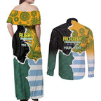 Personalised Rugby 2025 Championship Couples Matching Off Shoulder Maxi Dress and Long Sleeve Button Shirt Southern Hemisphere Countries Mascots - Aussie Hoodie