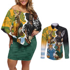 Personalised Rugby 2025 Championship Couples Matching Off Shoulder Short Dress and Long Sleeve Button Shirt Southern Hemisphere Countries Mascots - Aussie Hoodie
