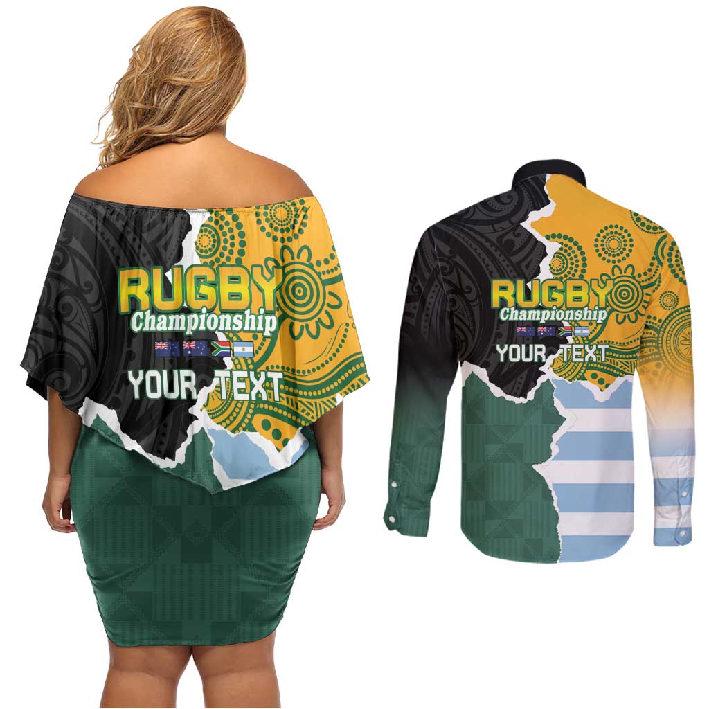 Personalised Rugby 2025 Championship Couples Matching Off Shoulder Short Dress and Long Sleeve Button Shirt Southern Hemisphere Countries Mascots - Aussie Hoodie