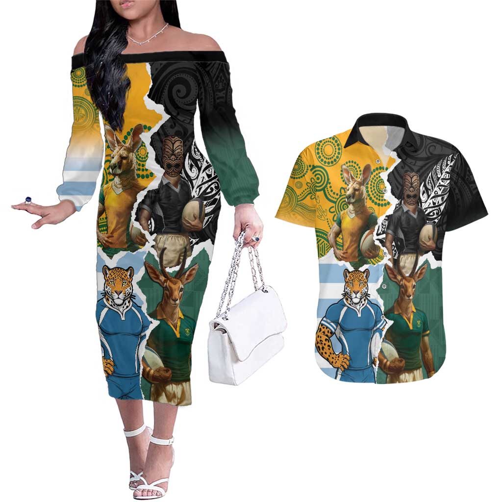 Personalised Rugby 2025 Championship Couples Matching Off The Shoulder Long Sleeve Dress and Hawaiian Shirt Southern Hemisphere Countries Mascots - Aussie Hoodie