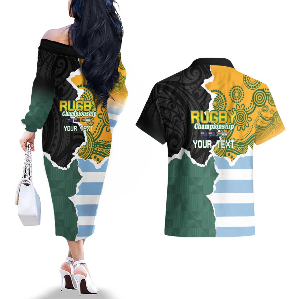 Personalised Rugby 2025 Championship Couples Matching Off The Shoulder Long Sleeve Dress and Hawaiian Shirt Southern Hemisphere Countries Mascots - Aussie Hoodie