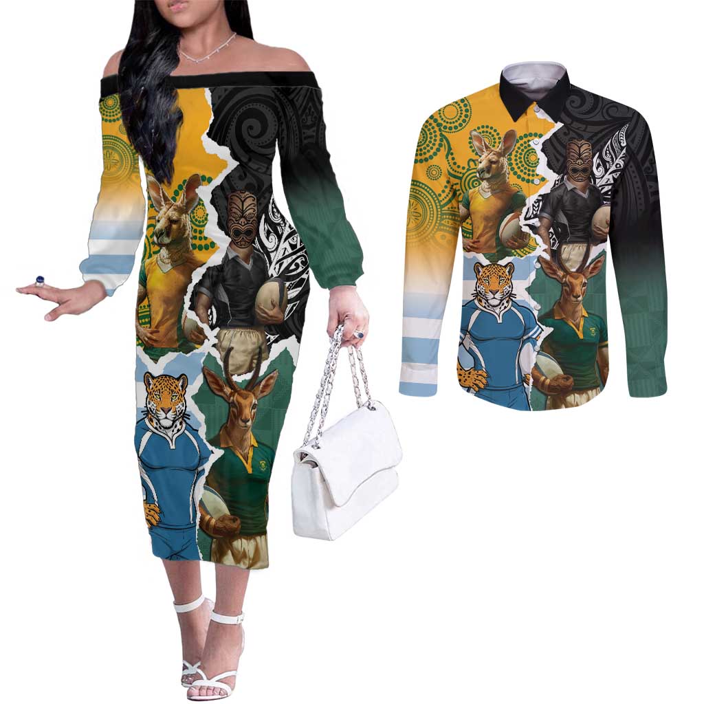 Personalised Rugby 2025 Championship Couples Matching Off The Shoulder Long Sleeve Dress and Long Sleeve Button Shirt Southern Hemisphere Countries Mascots - Aussie Hoodie