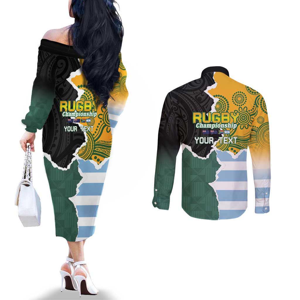 Personalised Rugby 2025 Championship Couples Matching Off The Shoulder Long Sleeve Dress and Long Sleeve Button Shirt Southern Hemisphere Countries Mascots - Aussie Hoodie