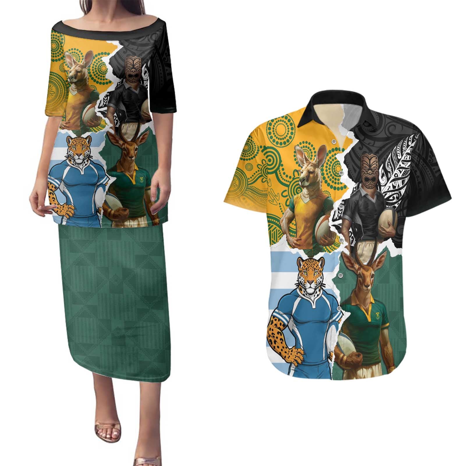 Personalised Rugby 2025 Championship Couples Matching Puletasi and Hawaiian Shirt Southern Hemisphere Countries Mascots - Aussie Hoodie
