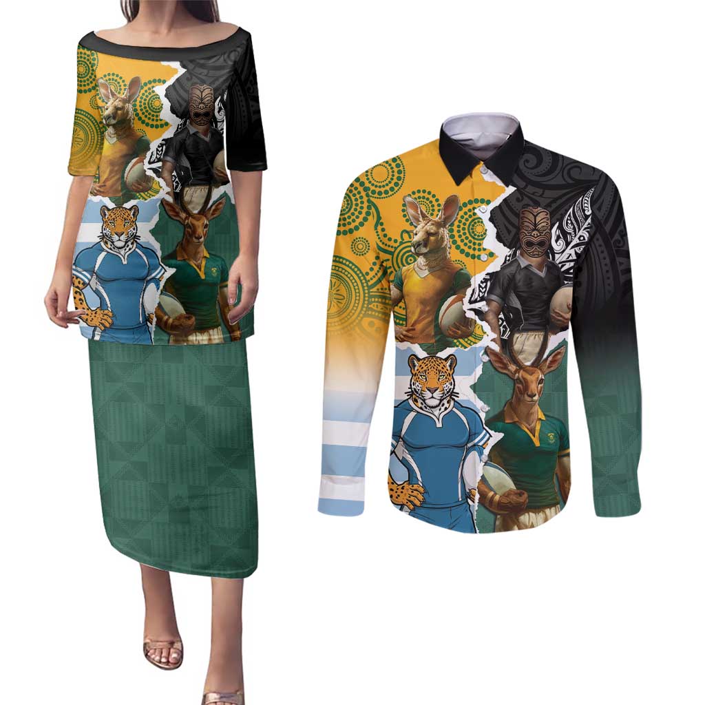 Personalised Rugby 2025 Championship Couples Matching Puletasi and Long Sleeve Button Shirt Southern Hemisphere Countries Mascots - Aussie Hoodie