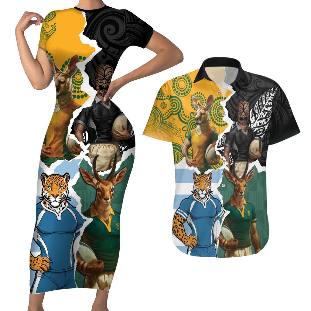 Personalised Rugby 2025 Championship Couples Matching Short Sleeve Bodycon Dress and Hawaiian Shirt Southern Hemisphere Countries Mascots - Aussie Hoodie