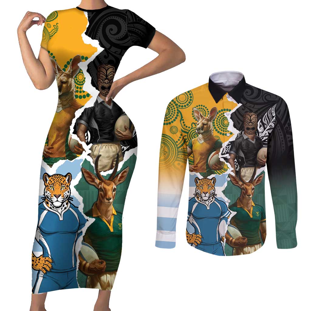 Personalised Rugby 2025 Championship Couples Matching Short Sleeve Bodycon Dress and Long Sleeve Button Shirt Southern Hemisphere Countries Mascots - Aussie Hoodie