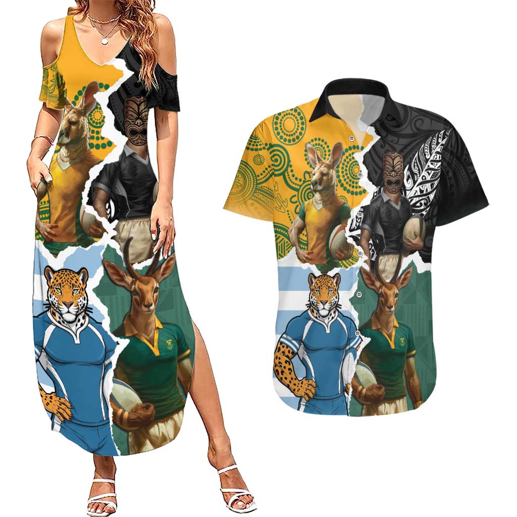Personalised Rugby 2025 Championship Couples Matching Summer Maxi Dress and Hawaiian Shirt Southern Hemisphere Countries Mascots - Aussie Hoodie