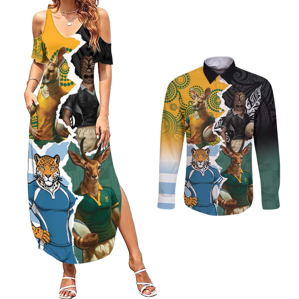 Personalised Rugby 2025 Championship Couples Matching Summer Maxi Dress and Long Sleeve Button Shirt Southern Hemisphere Countries Mascots - Aussie Hoodie