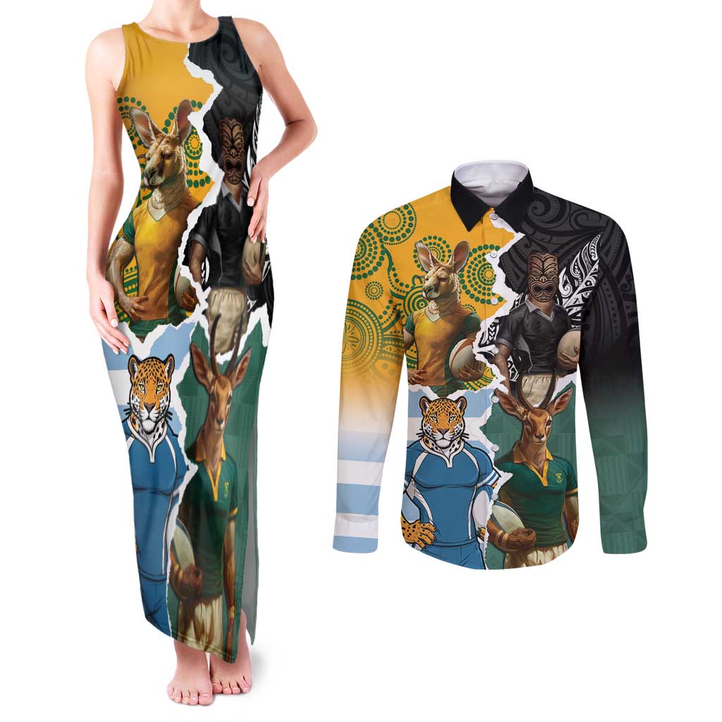 Personalised Rugby 2025 Championship Couples Matching Tank Maxi Dress and Long Sleeve Button Shirt Southern Hemisphere Countries Mascots - Aussie Hoodie