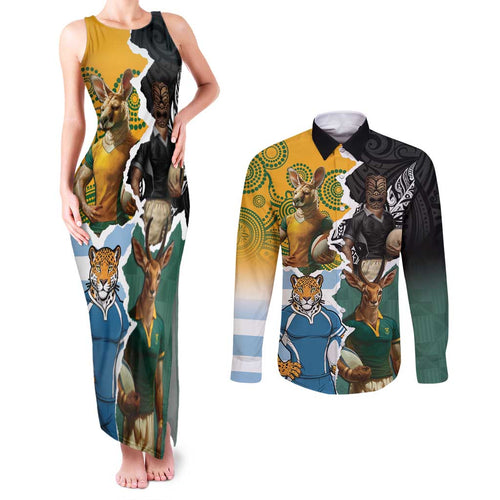 Personalised Rugby 2025 Championship Couples Matching Tank Maxi Dress and Long Sleeve Button Shirt Southern Hemisphere Countries Mascots - Aussie Hoodie