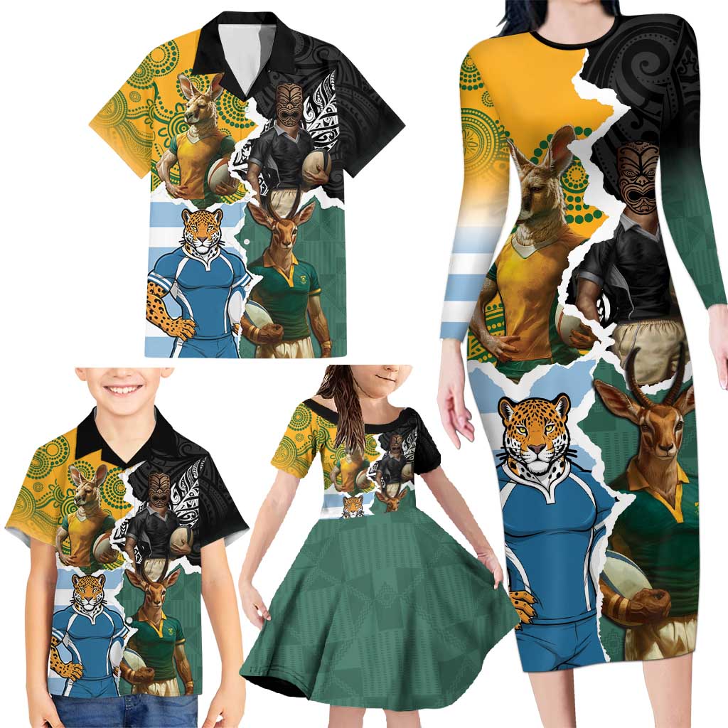 Personalised Rugby 2025 Championship Family Matching Long Sleeve Bodycon Dress and Hawaiian Shirt Southern Hemisphere Countries Mascots - Aussie Hoodie