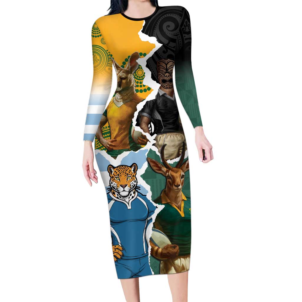 Personalised Rugby 2025 Championship Family Matching Long Sleeve Bodycon Dress and Hawaiian Shirt Southern Hemisphere Countries Mascots - Aussie Hoodie